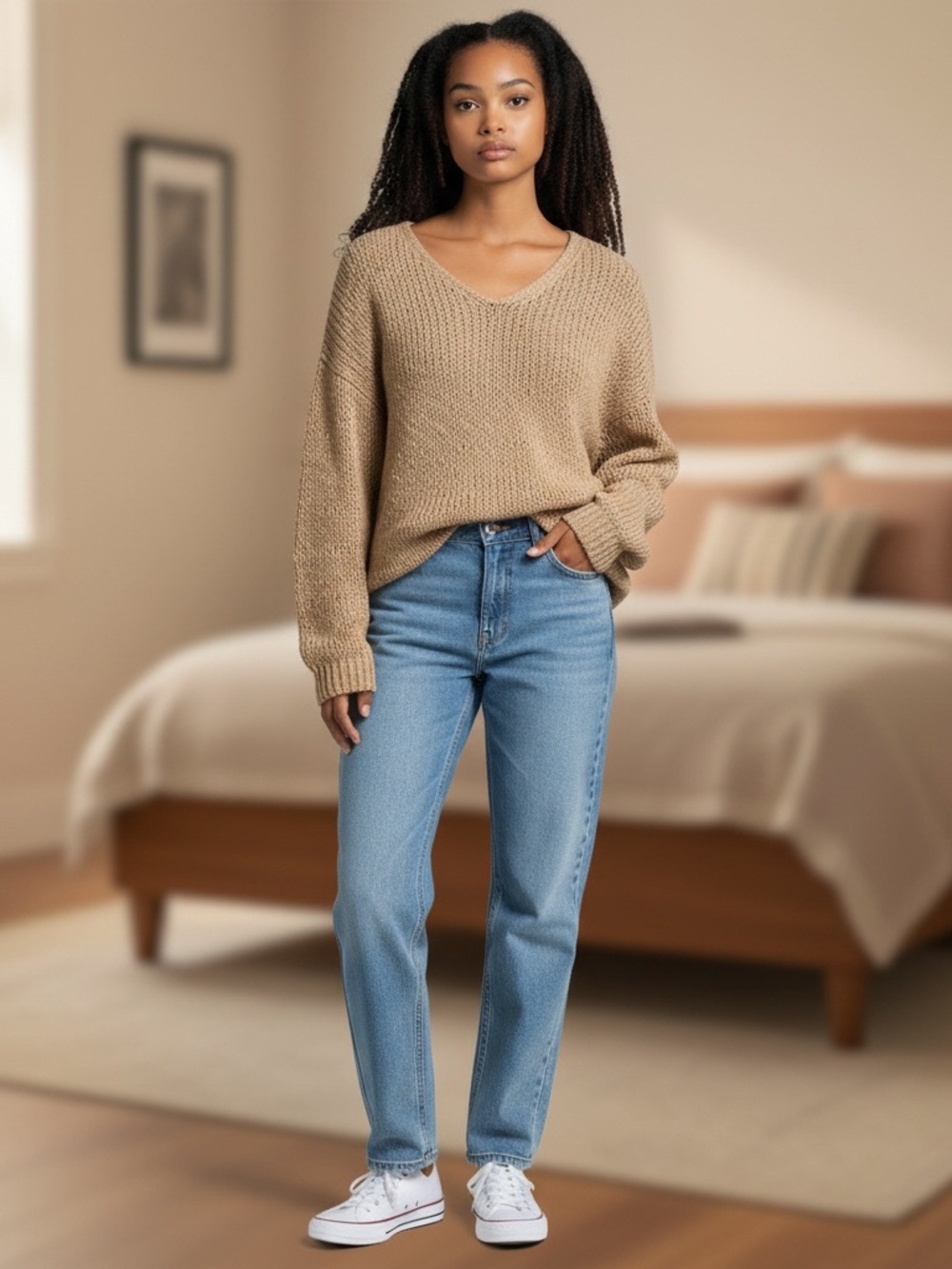 DKNY Women’s Knit V-Neck Sweater Tan Stretch